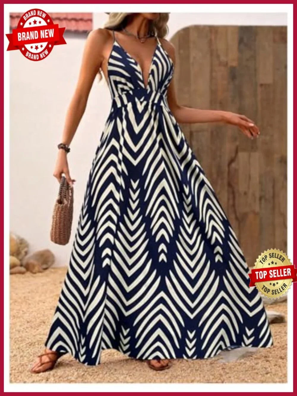 Flowy Boho Maxi Dress with Plunge V-Neck and Open Back